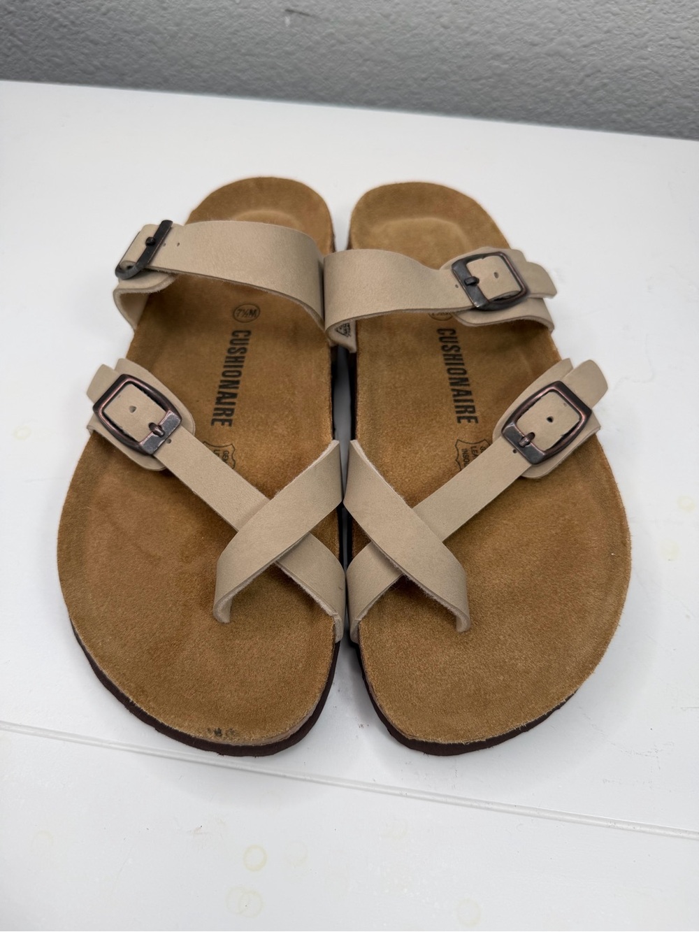 Cushionaire Women's Beige Strappy Buckle Sandals